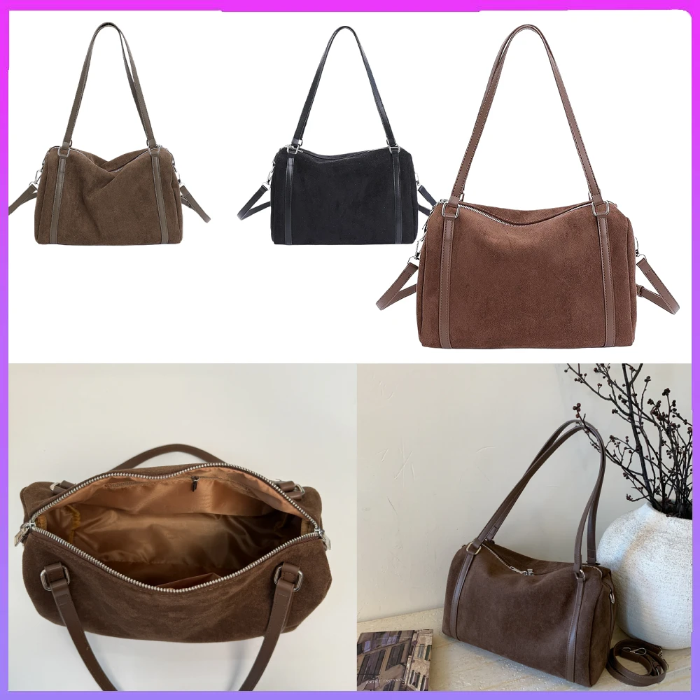 

Винтажная замшевая кожаная сумка через плечо, винтажная сумка-тоут большой вместимости, зимняя сумка из нубука для ленивых поездок, женская сумка через плечо верблюжьего цвета