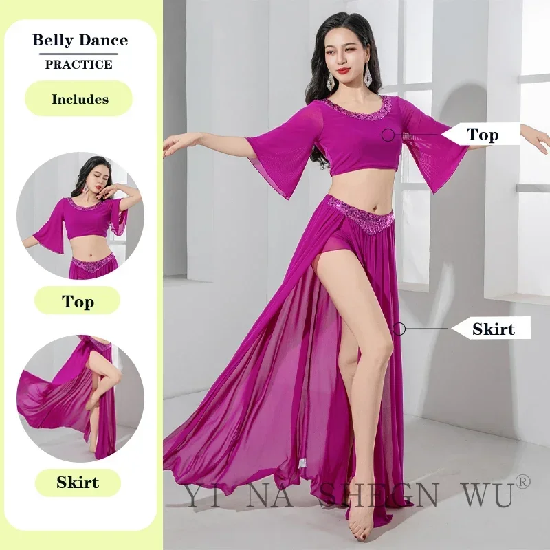 

Профессиональный костюм для танца живота для женщин, сетчатый топ с короткими рукавами + сексуальная длинная юбка с разрезом, 2 предмета, костюм для восточного танца живота для девочек