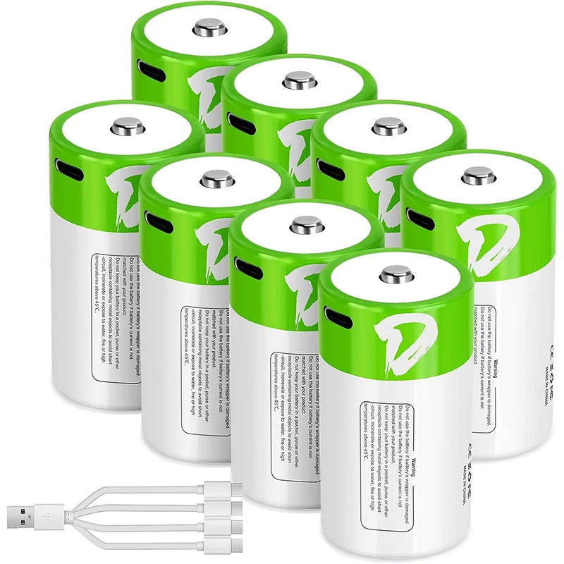 1.5V LR20 12000mWh D Size Rechargeable Lithium D Batteries with Type-C Charging Cable, For Flashlight, Gas Stoves Water Heaters