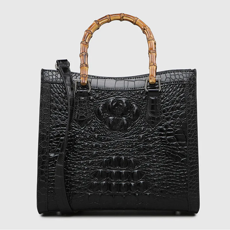 Genuine Leather Women Handbags Bamboo Handle Crocodile Pattern Lady Shoulder Messenger Bags Luxury Fashion Mom Tide 2023 New