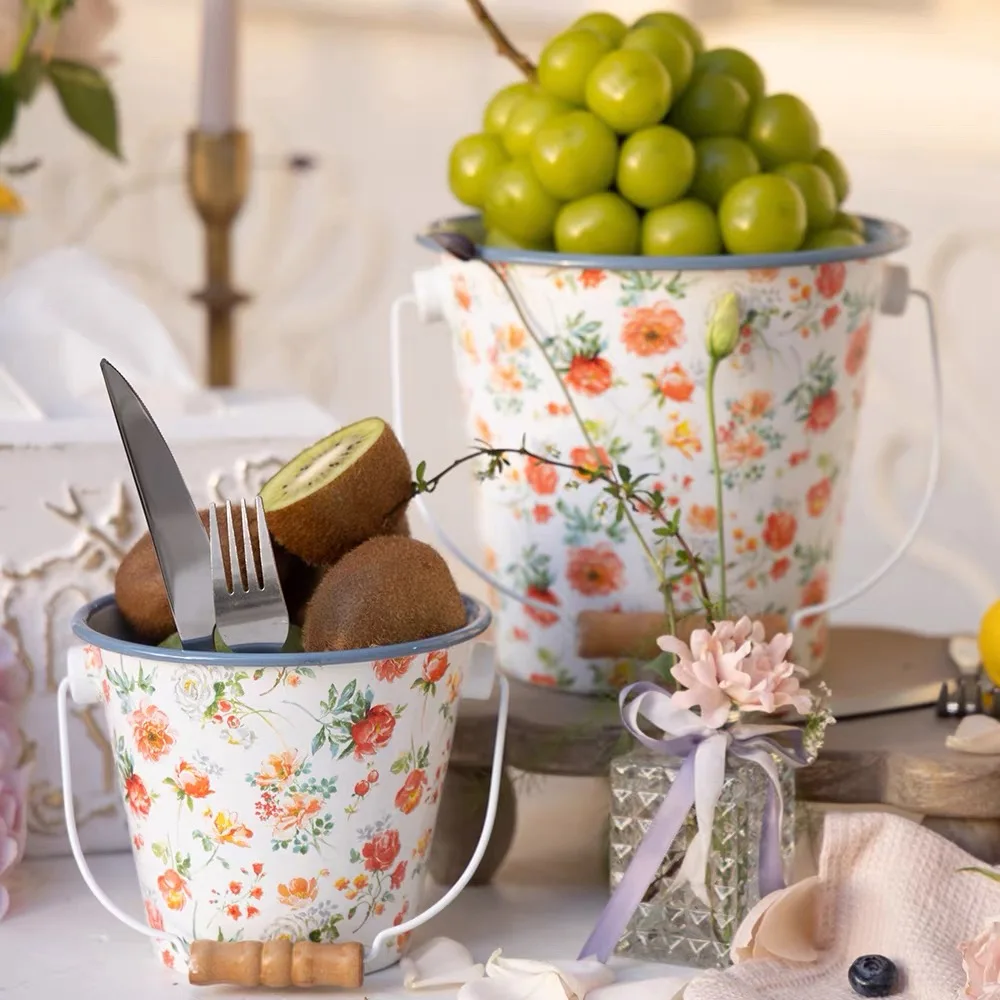 Floral Enamel Metal Bucket Set with Wooden Handle, Vintage Rose Pattern, Multi-Purpose Ice Bucket and Flower Vase, 2 Piece Set