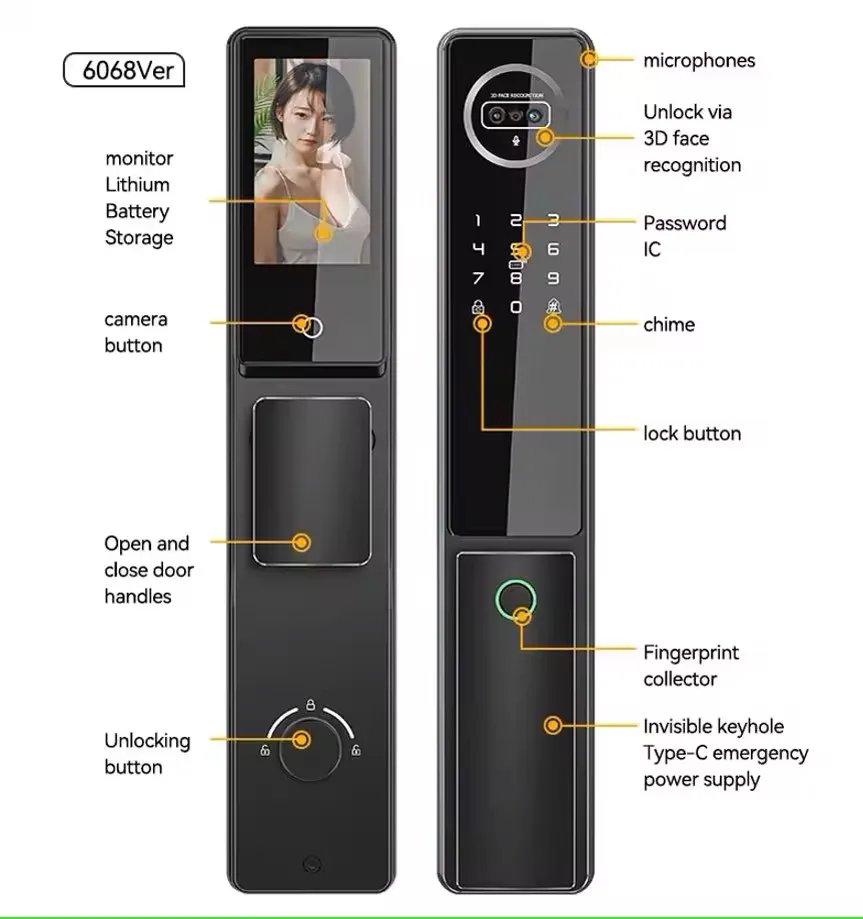 Cerradura de puerta inteligente con reconocimiento facial, intercomunicador de vídeo con Wifi, 3D, huella dactilar, de alta gama, nuevo estilo, Tuya, 2024