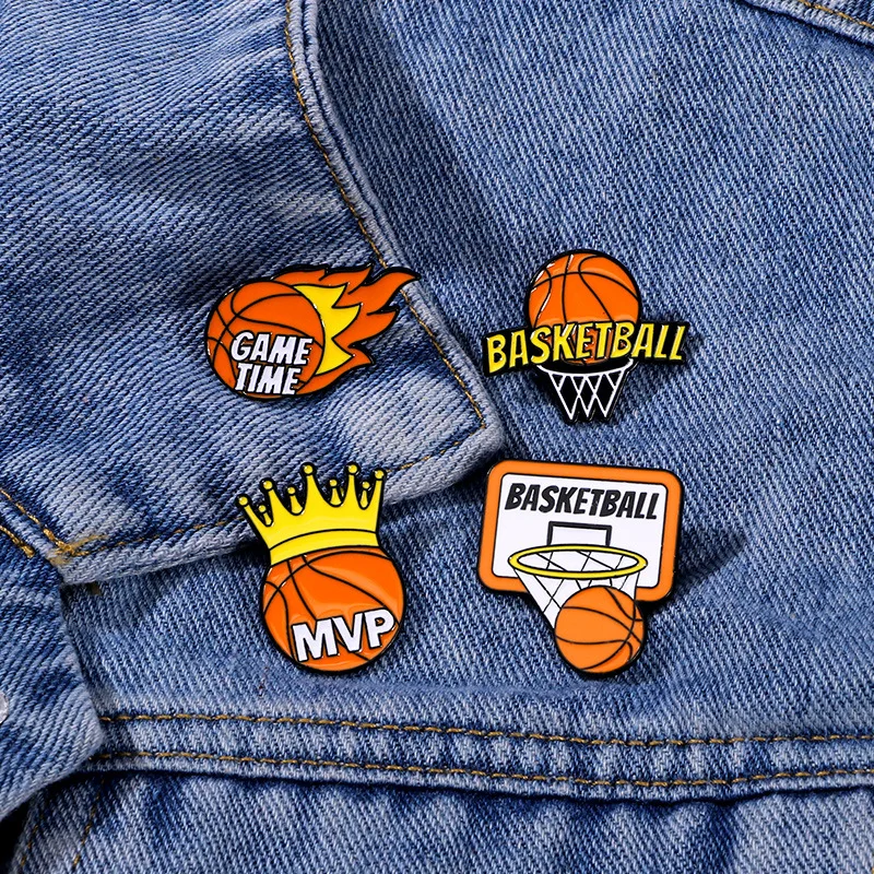 Creative Basketball Enamel Brooch Flame Game Time Mvp Crown Basketball Sport Metal Badge Punk Clothing Lapel Pins Jewelry Gift