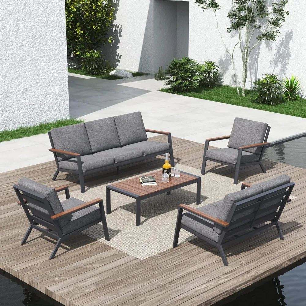 

Aluminum Patio Furniture Set with FSC Certified Solid Wood Top Armrest & Coffee Table, Outdoor Deep Seating Sectional Sofa