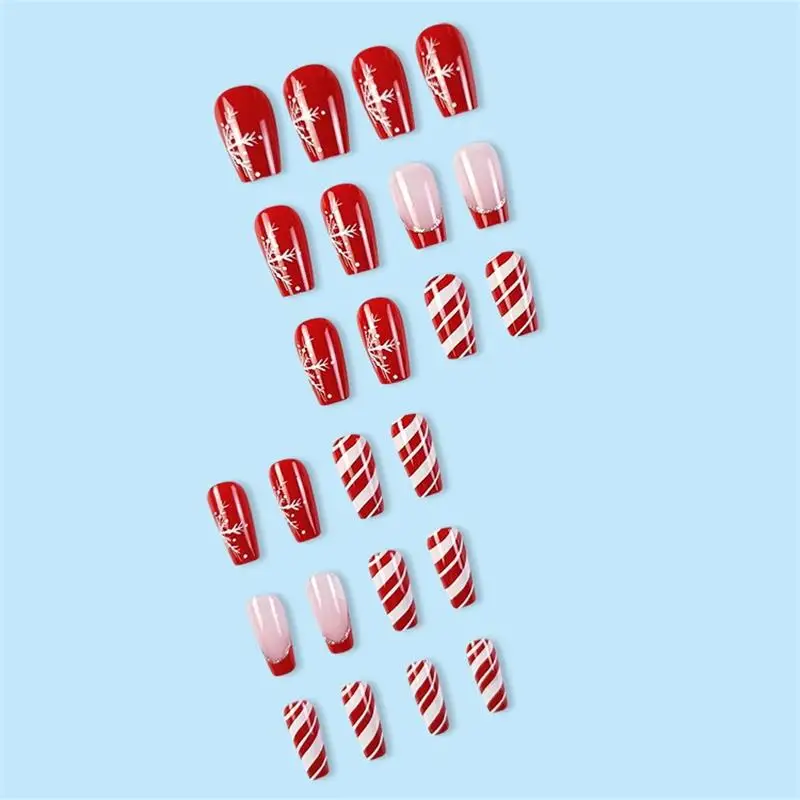 Unhas postiças curtas com design de listra branca do floco de neve, unhas postiças brilhantes, unhas vermelhas do Natal, unhas francesas do brilho, 24pcs