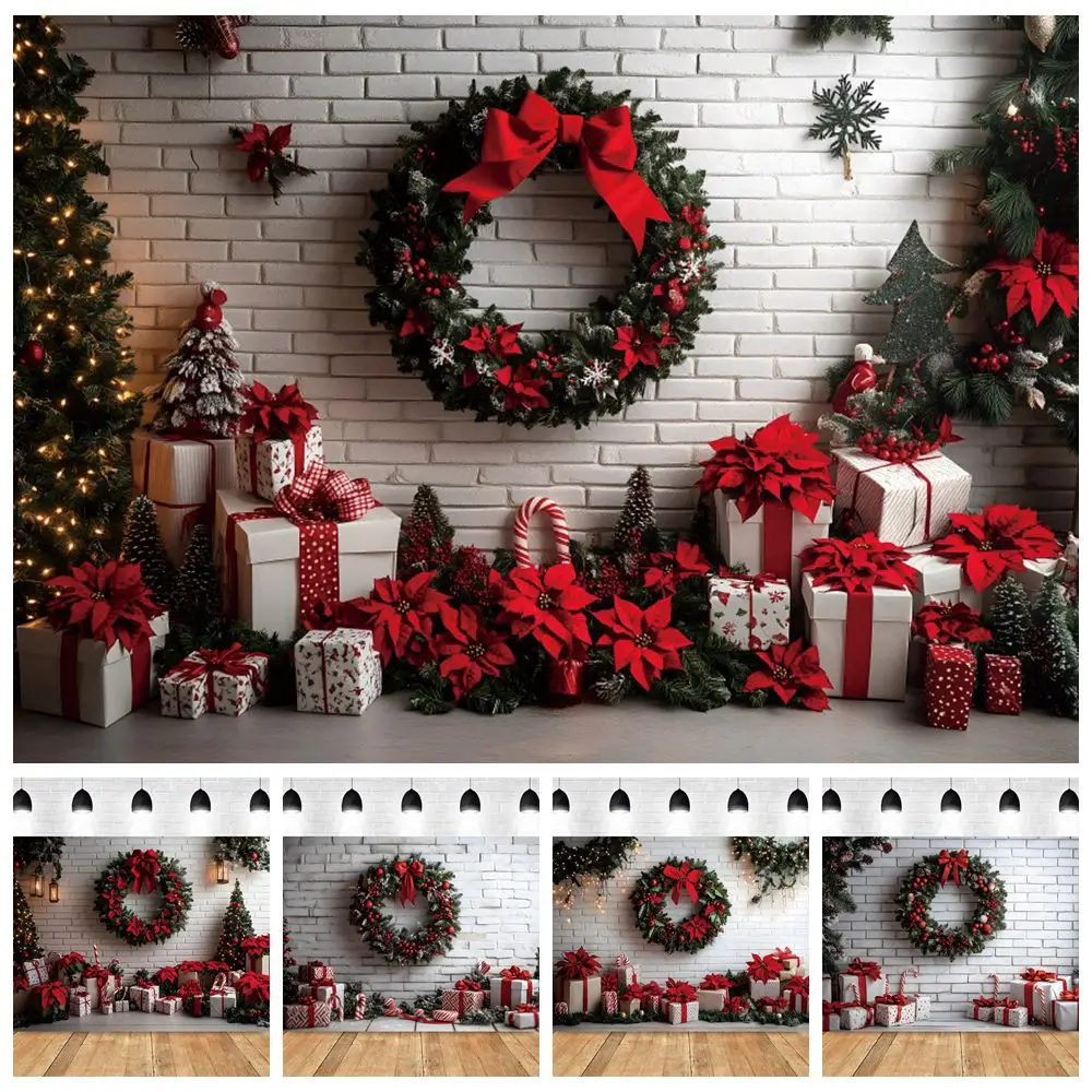 

Christmas Wreath Gifts White Brick Wall Backdrop Baby Kids Portrait Xmas Party Photography Background Decor Photo Studio Props