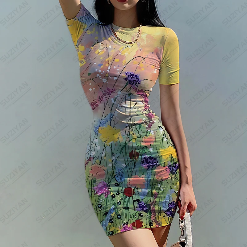 Summer new lady slim dress flower 3D printed lady dress beautiful style ladies slim dress fashion trend lady slim dress