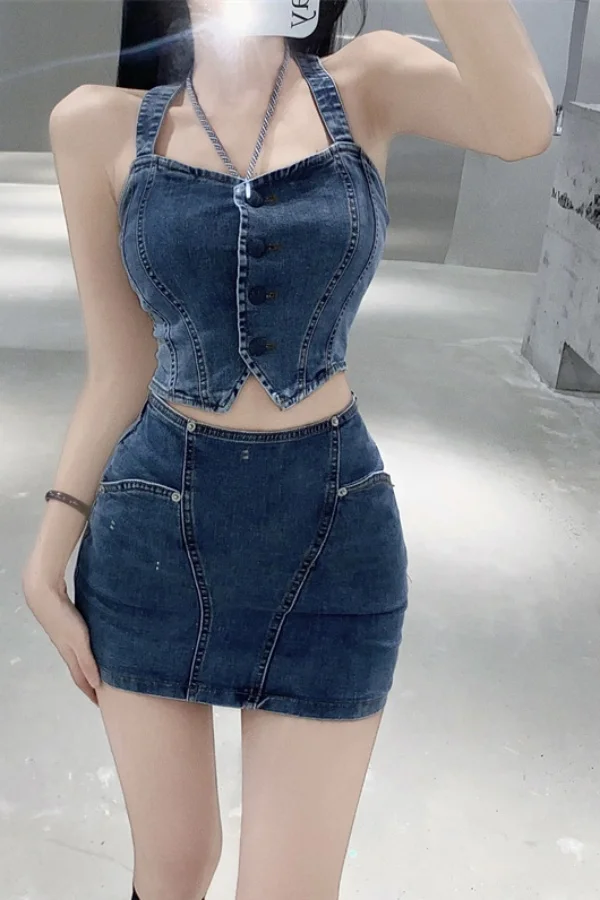 

Denim 2 Pieces Skirt Sets for Women Co Ord Y2k Clothes Clothing Trend 2025 New Matching in The Same Full Luxury Woman Outfit