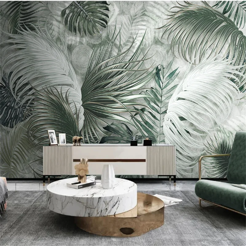 

Custom wallpaper 3D Mural Nordic plants green leaves line TV background wall обои Southeast Asian Style Palm Tree Leaf Art Mural