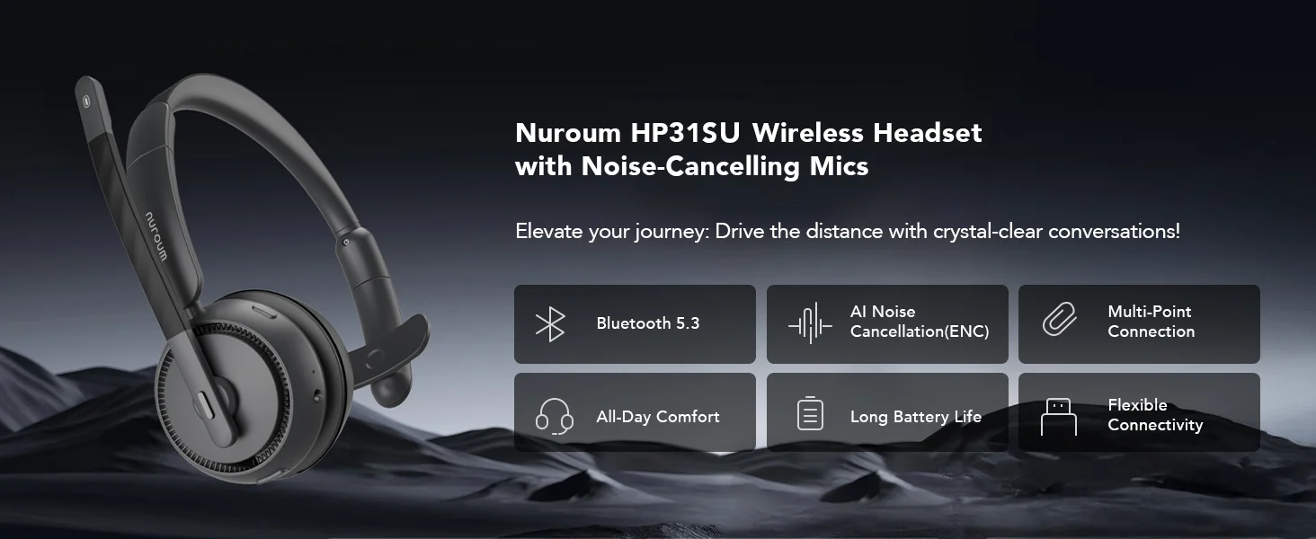 Nuroum HP31SU Bluetooth 5.3 Over-Ear Wireless Headset mit ENC-Geräuschunterdrückung, Mikrofon, unabhängiger physischer Stummschalttaste, Business-Kopfhörer für Callcenter, Homeoffice, Remote-Büro, PC, Laptop, Zoom, Microsoft Teams, Online-Konferenzgespräche. – Detail 1
