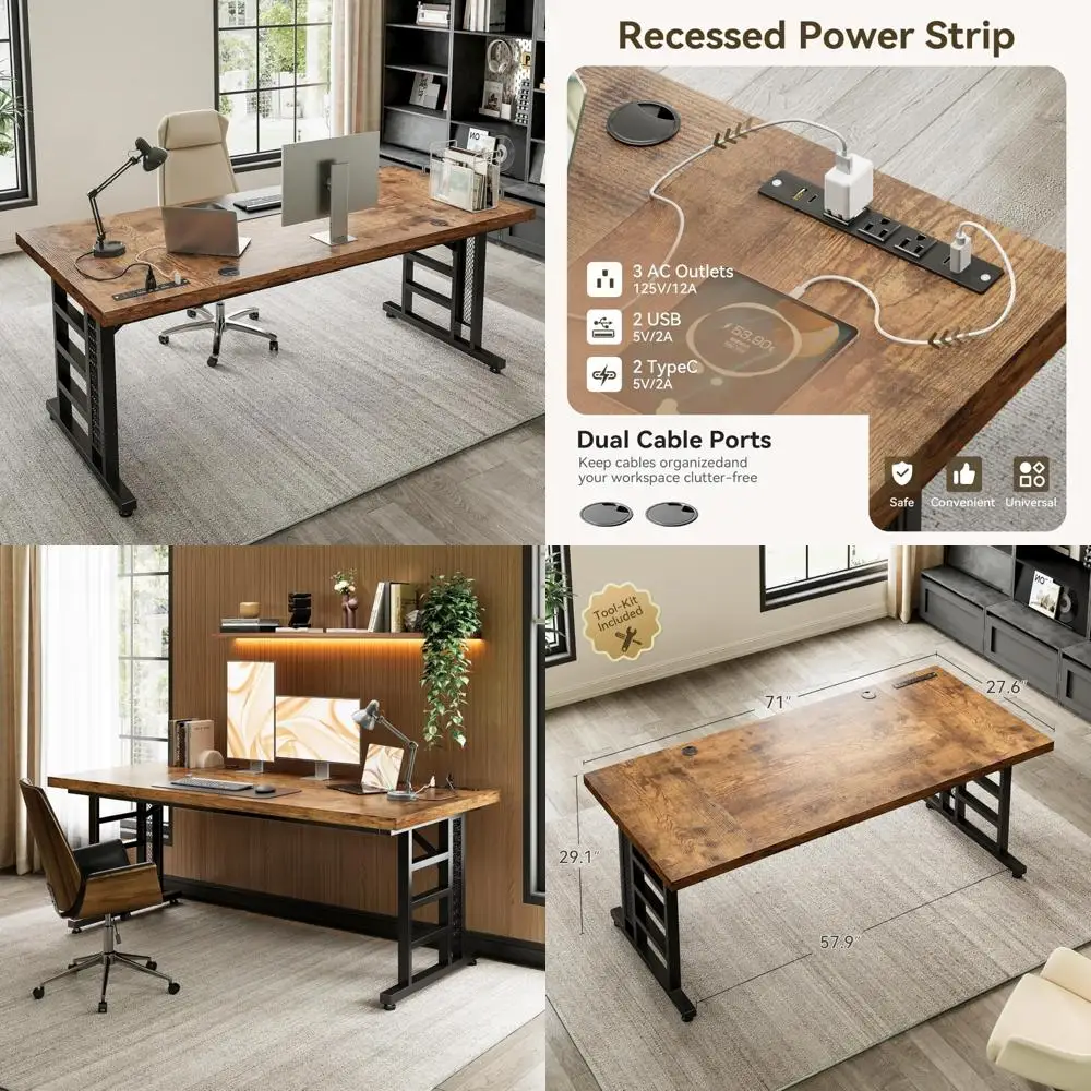 

71 Inch Large Modern Office Desk with USB Ports, Thick and Long Executive Workstation