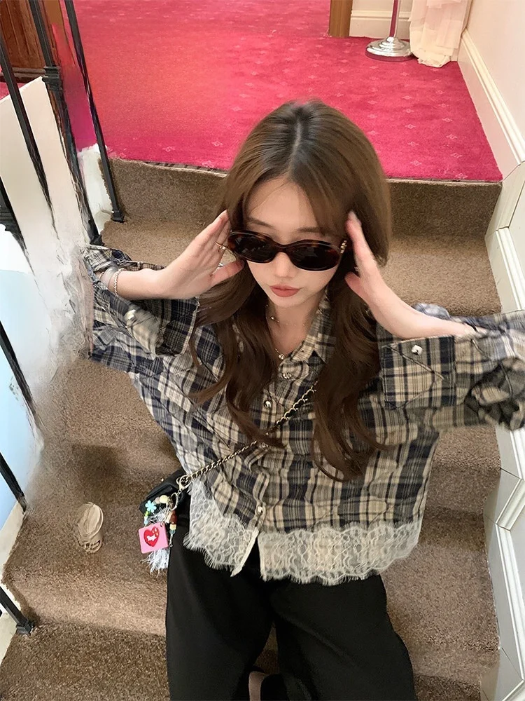 

Miao Lab Lace Plaid irt Women's Heavyweight Cheered Jaet Spring New Sle Slimming Top Cotton Polyester Blend Long Sve