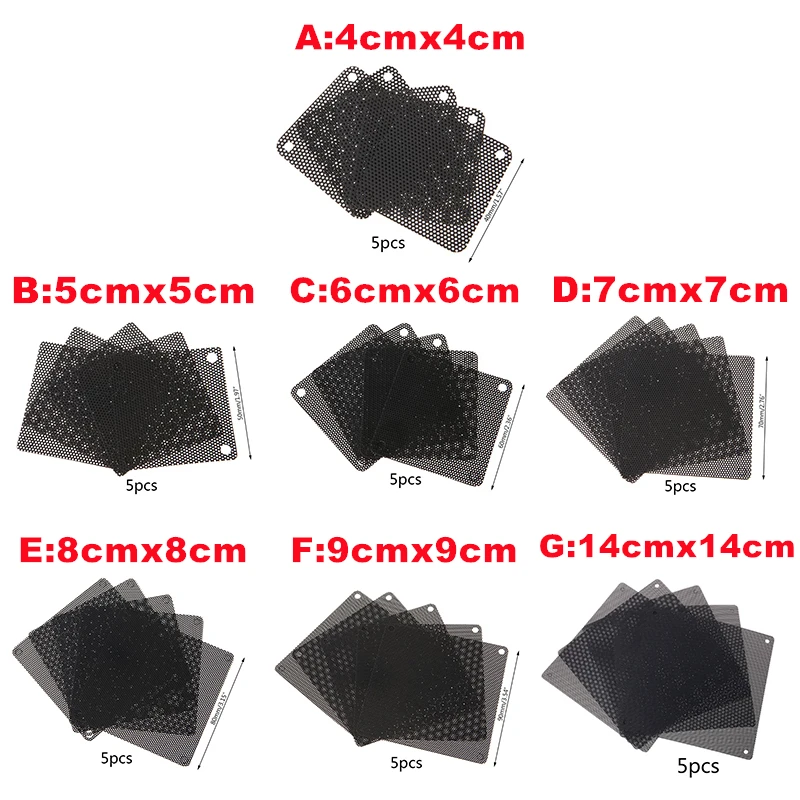 5PCS PVC Fan Dust Filter PC Dustproof Case Cuttable Computer Mesh Cover 40mm 50mm 60mm 70mm 80mm 90mm 140mm Mesh Black