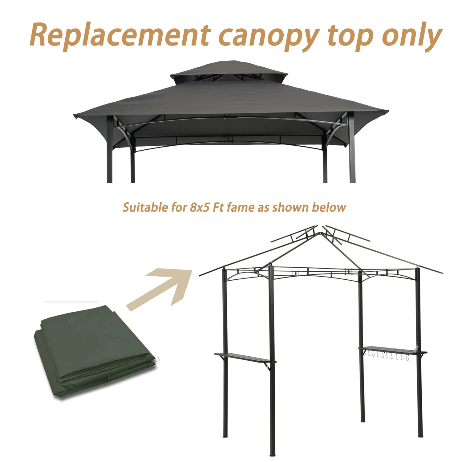 

8x5Ft Double Tiered BBQ Grill Gazebo Canopy Top Cover - Replacement Tent Roof