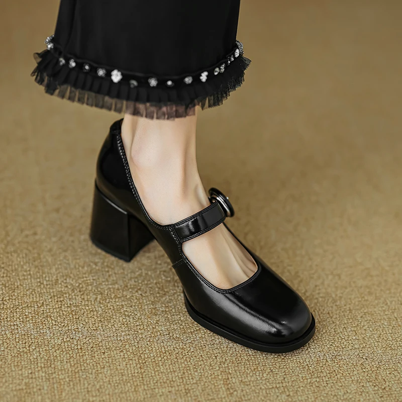 Women Pumps Thick Heels Spring Patent Leather Mary Janes Genuine Leather Round Toe Buckle Strap Retro Office Lady Shoes Woman