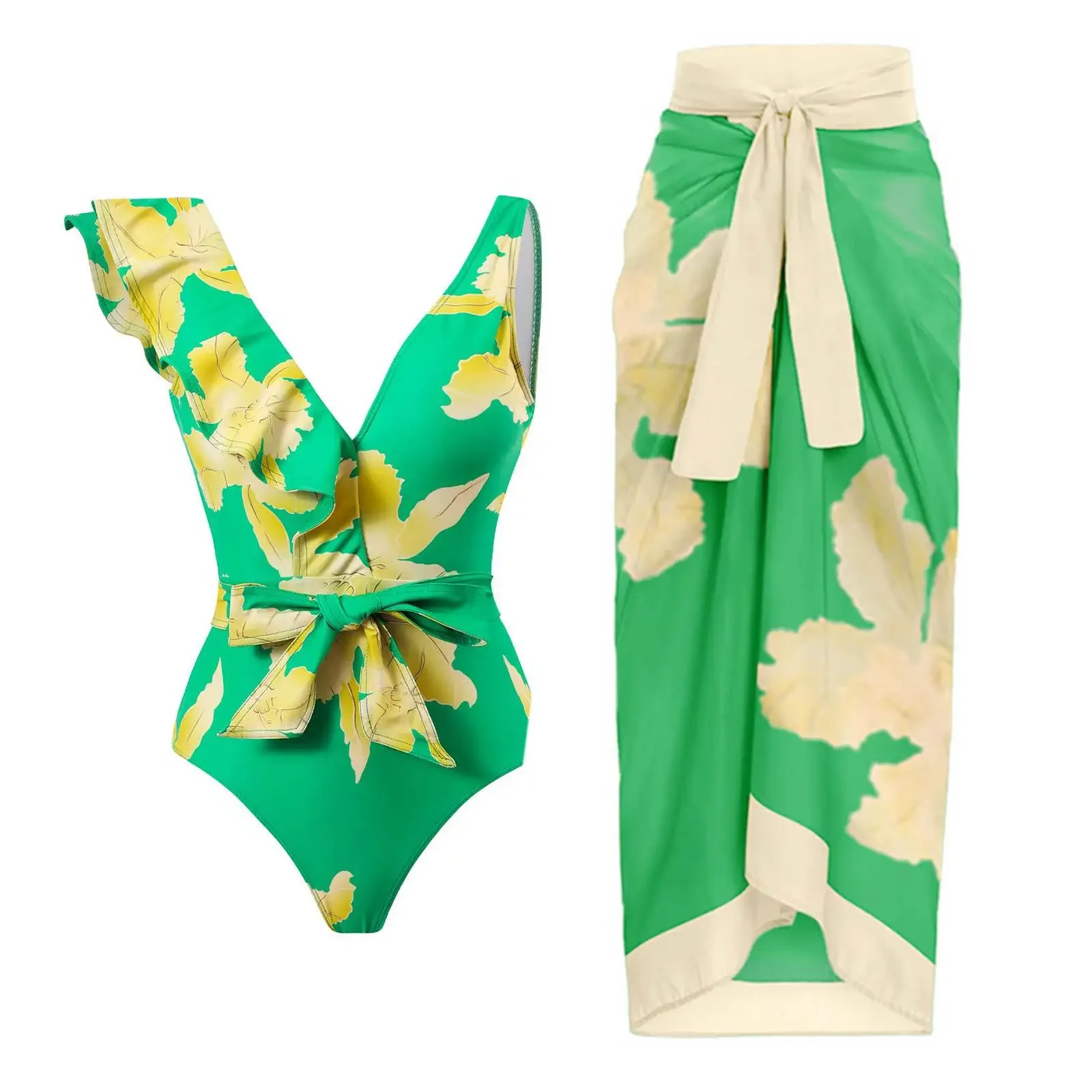 

2024 New Flounces One Piece Women Swimsuit Skirt Vintage Woman Bathing Clothes Beach Sexy Backless Female Swimwear