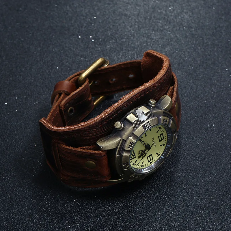 Retro Genuine Leather Strap Men's Cuff Watch