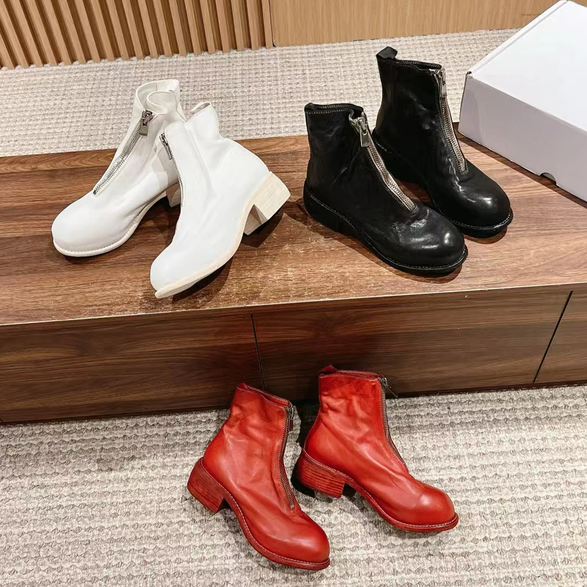 

NIGO Women's Fashion Front Zip Short Boots Casual Retro Washed Cowhide Trend Pleated Derby Shoes Heel High 4.5cm 1# #NGSH1392