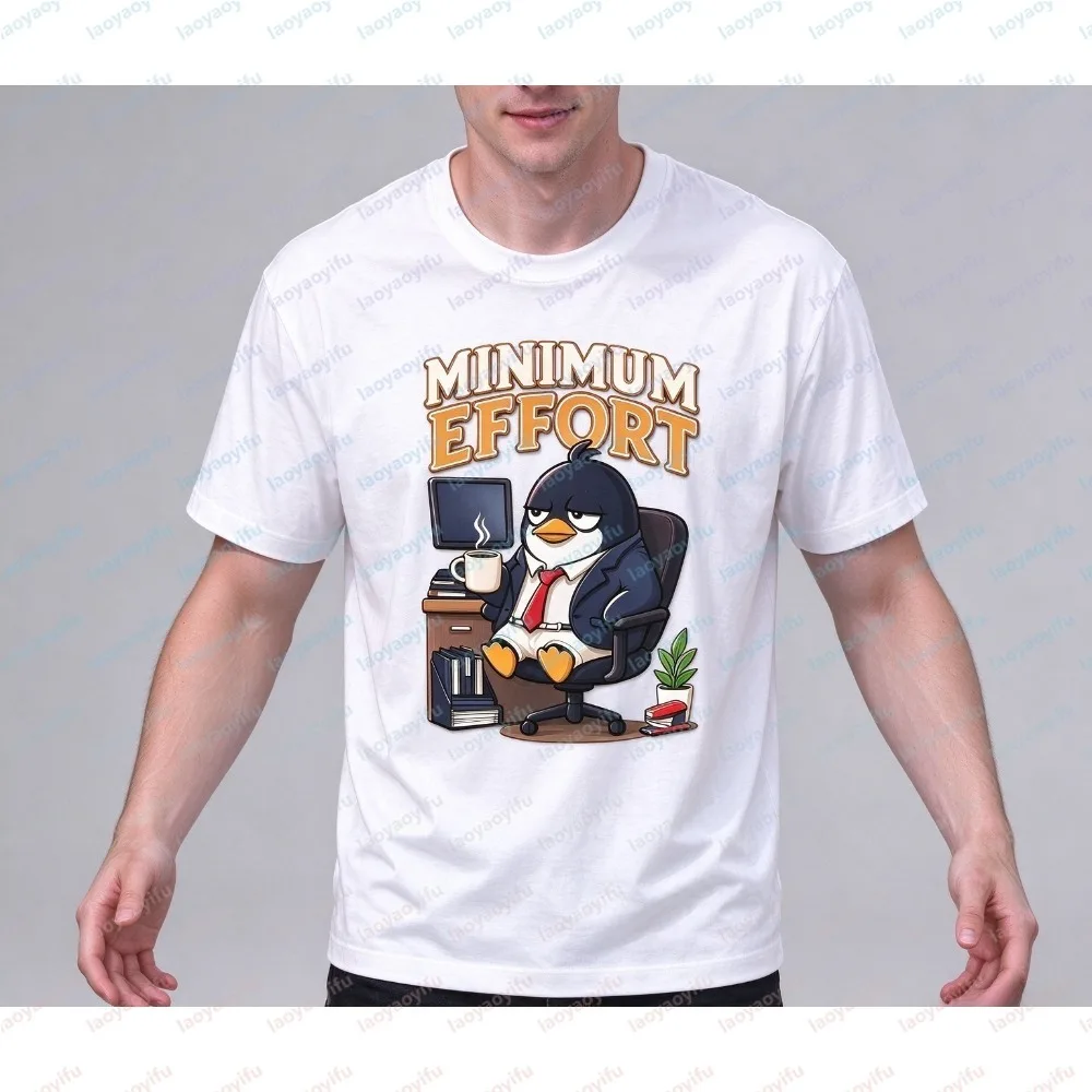 Men T-Shirt Summer Short Sleeve Fashion Casual Funny Office Life Crew Neck Graphic Tee Minimum Effort Penguin Print Gift for Tee