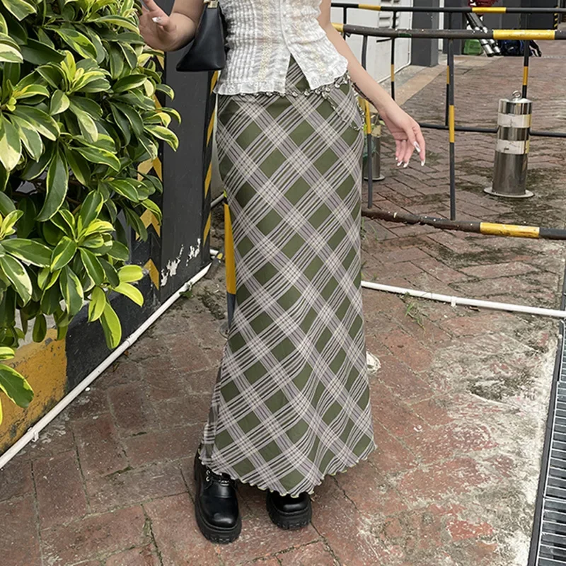 

Vintage Plaid Print Maxi Skirt Mesh Double Layer Women Y2K Aesthetics Long Skirts High Waist Harajuku Korean Grunge