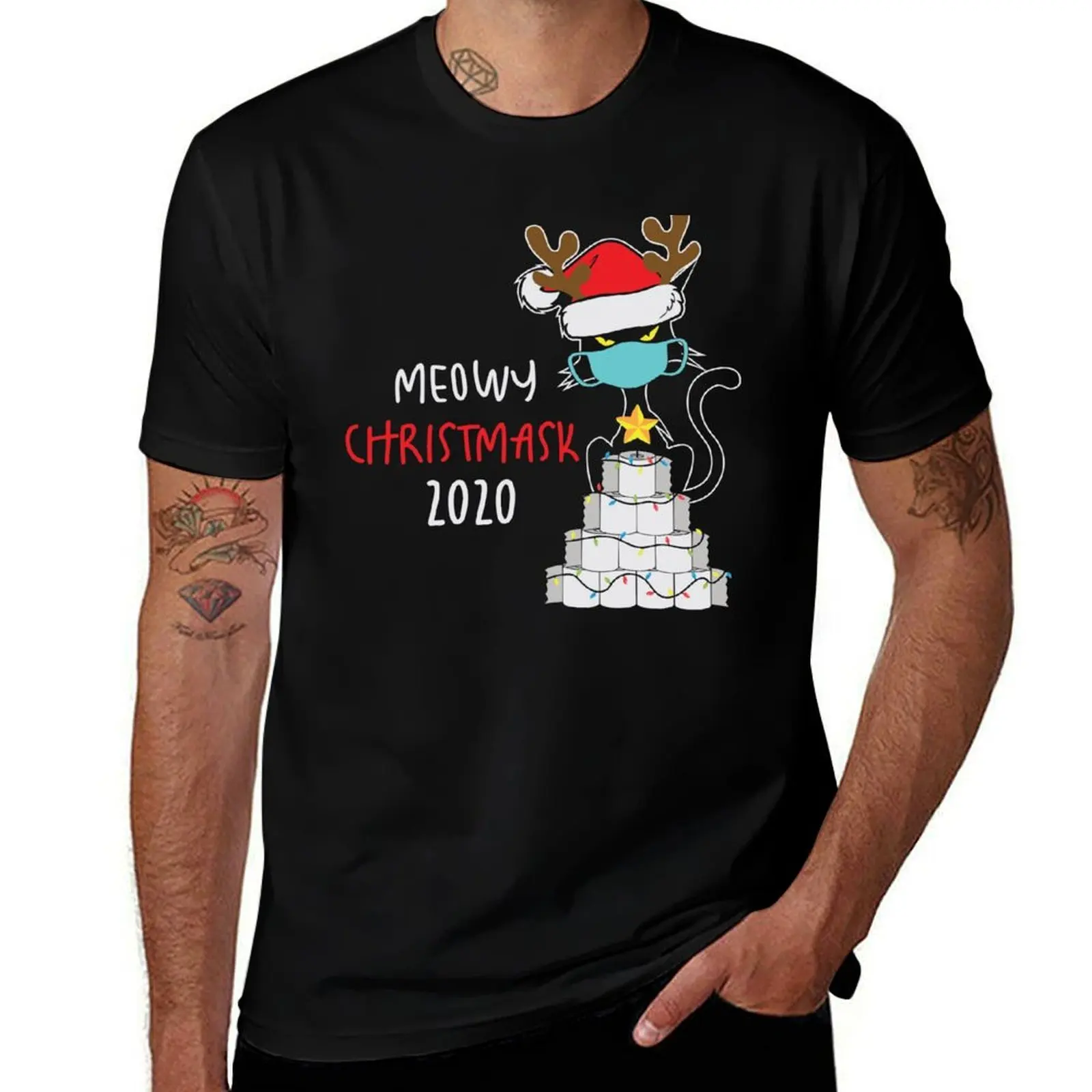 

Meowy Chrismask 2020 Funny Cat Christmas T-Shirt t shirts for man graphic vintage cotton tshirt 100% T-Shirt