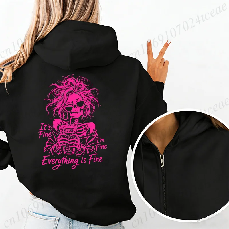 Image of Lustiger Skelett-Kaffee-Grafik Damen-Hoodie mit Reißverschluss, Skelett-Sweatshirt, „Es ist in Ordnung, mir geht es gut, alles ist in Ordnung“, Damen-Jacke