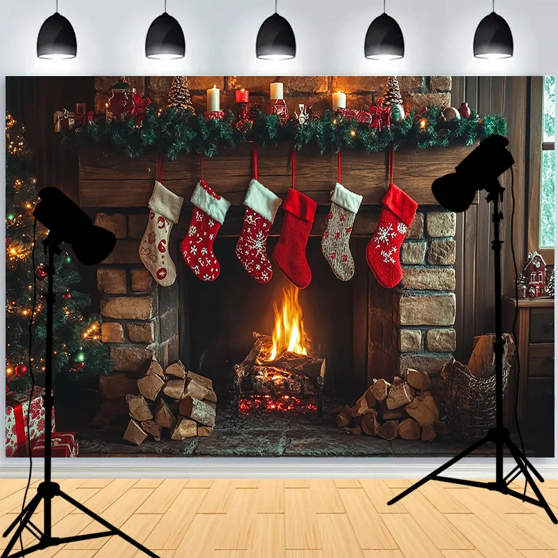 Cozy Christmas Day Scene Fireplace Photography Backdrop Props Winter Living Room New Year Gift Holiday Photo Background RS-07