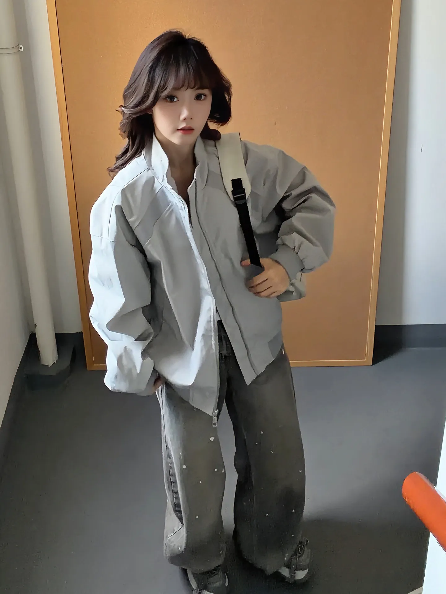 Gray Deconstructed Stand Collar Padded Shoulder Flight Jacket Men Women Autumn Cleanfit Workwear Style Short Baseball Jacket