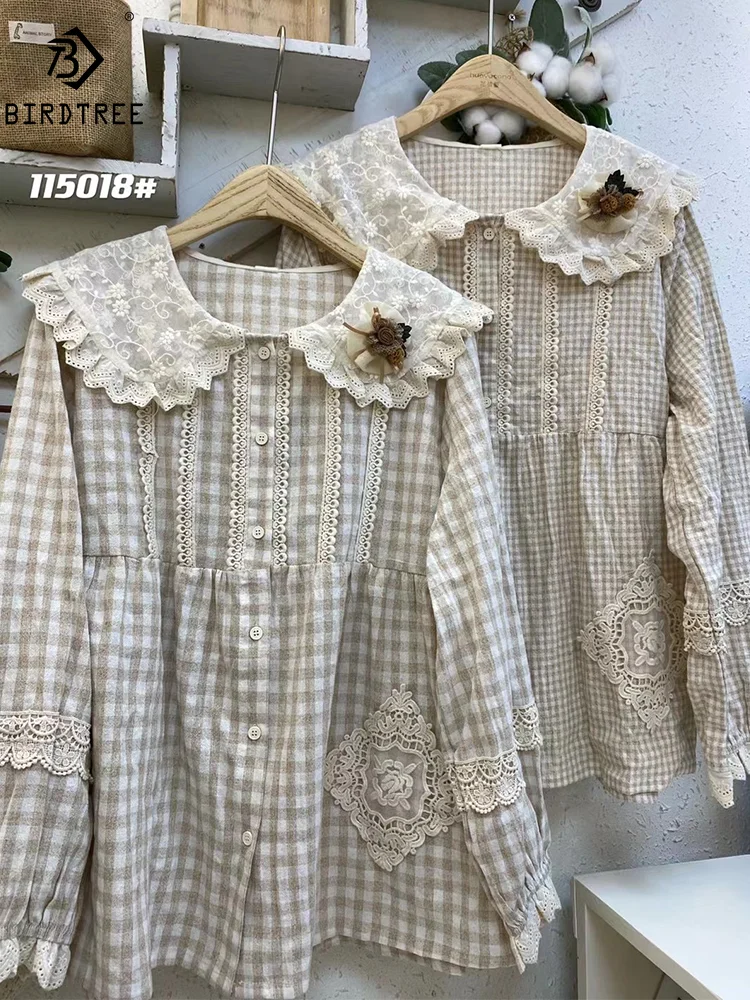 

Summer Cotton Long Sleeve Shirts Peter Pan Collar Plaid Embroidery Top Mori Girl Casual Sweet Loose Blouse 2024 Autumn T46552QM