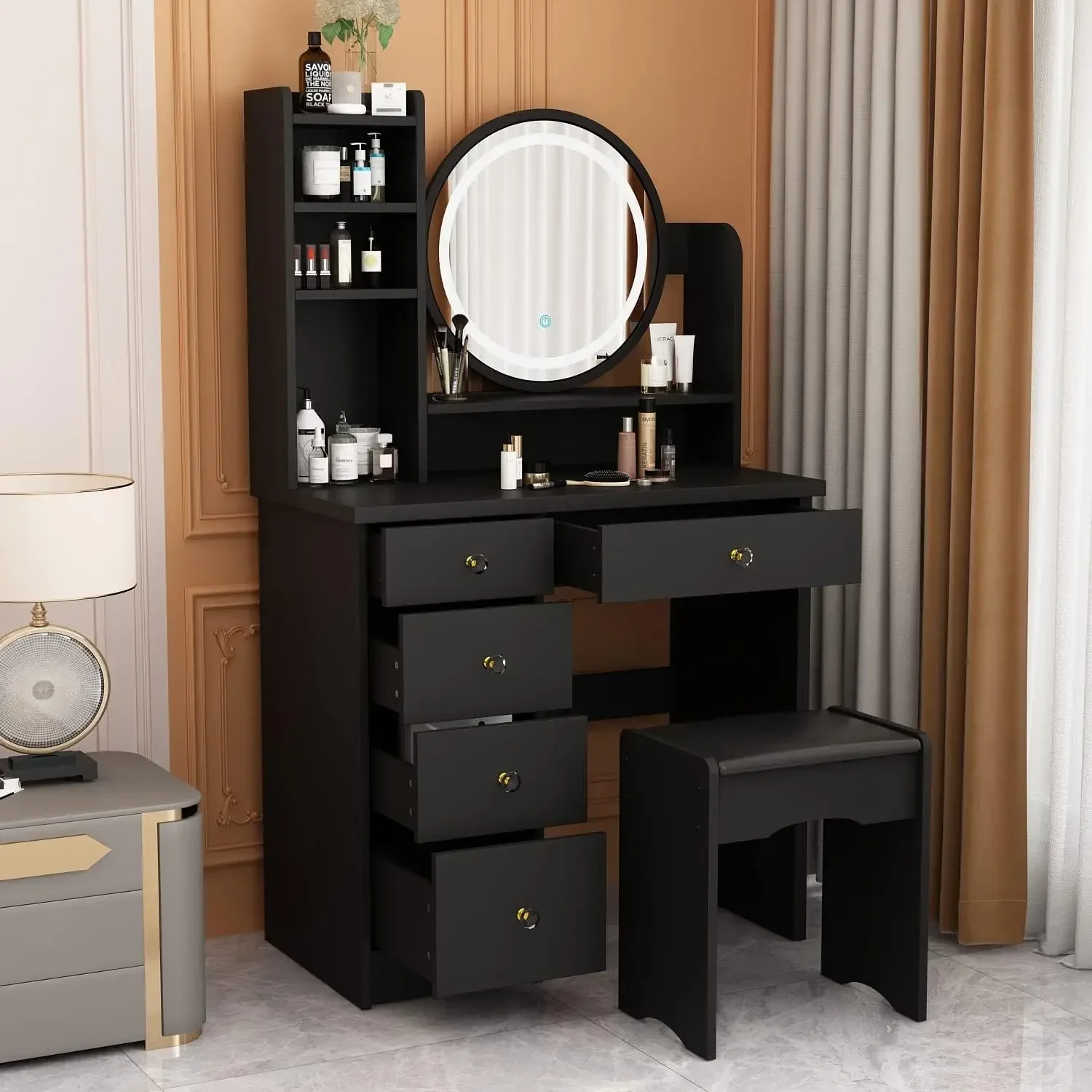 

Vanity Desk with Mirror and Lights, Makeup Vanity Drawers,Vanity Makeup Mirror Desk Vanity with Mirror & Shelves, Cushion Stool