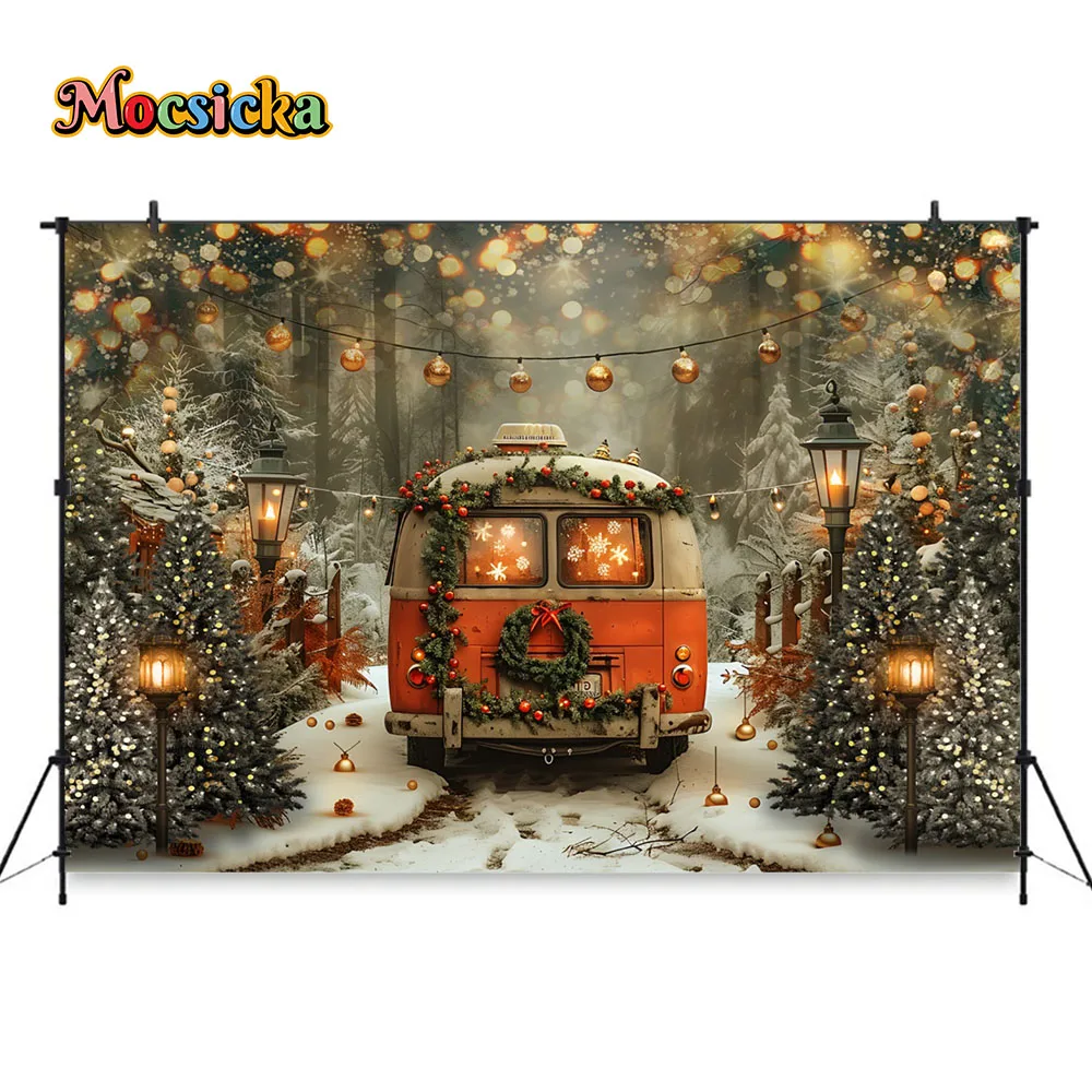 Christmas Photography Background Winter Snowy Camping Bus Xmas Tree Backdrop Decor Kids Family Photo Street Lights Studio Props