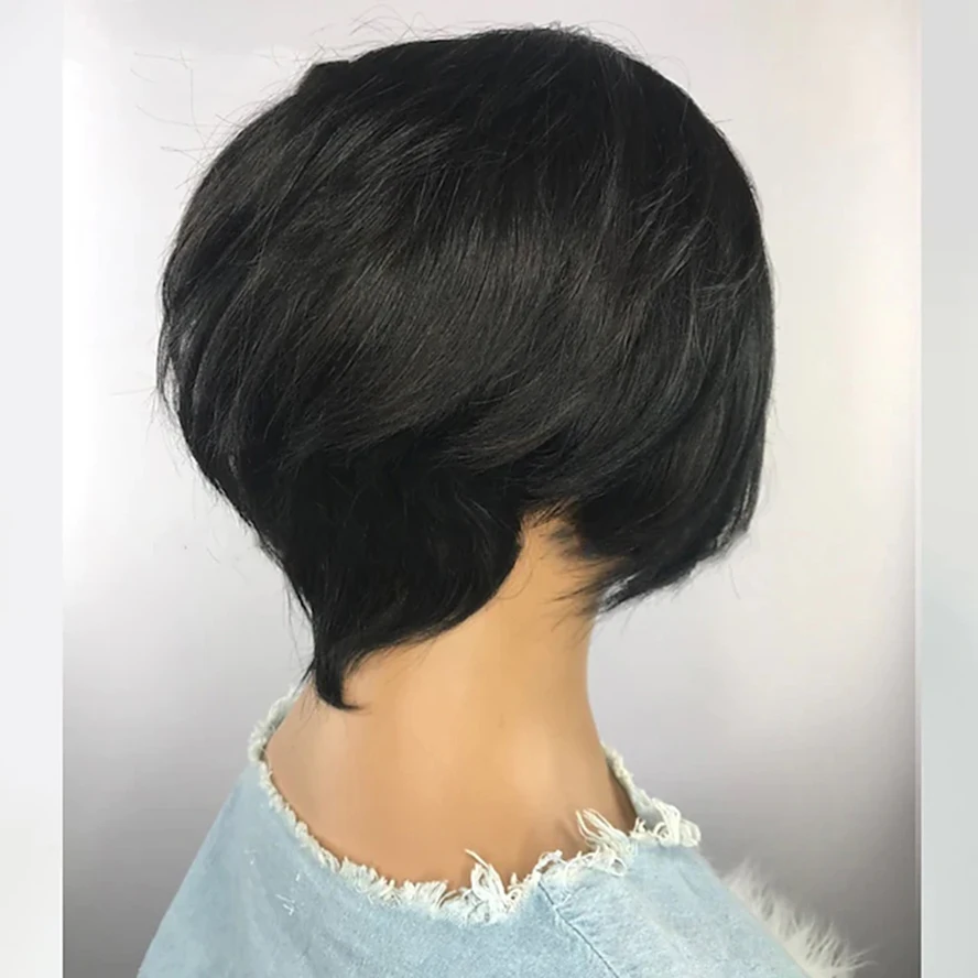 Black Color Glueless Short Human Full Wigs With Bangs Non Lace Brazilian Hair Pixie Cut Wig For Black Women