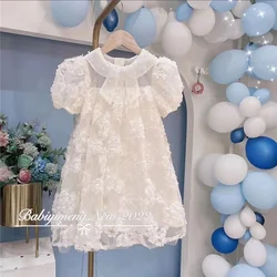 Baby Girls 3D Flowers Dress Summer Beaded Collar Princess Dress Fashion Kids Birthday Party Gown Children Clothes Vestidos 2-8 Y