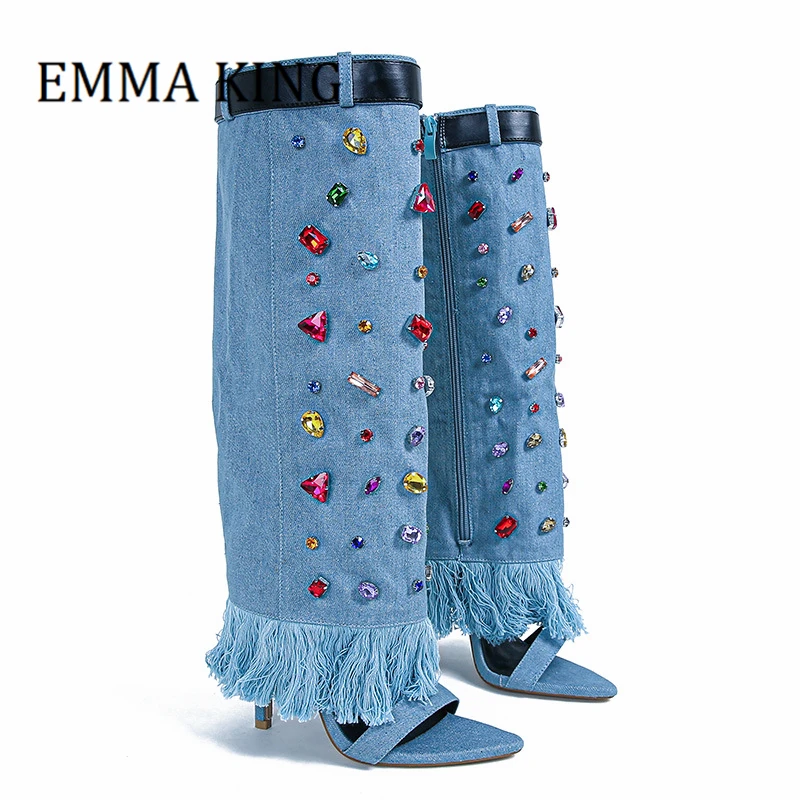 

Women Gem-studded Denim Boots Sexy Pointed Toe Stiletto Heels Knee High Boot Female Fringe Trim Rhinestone Shoes Botas De Mujer