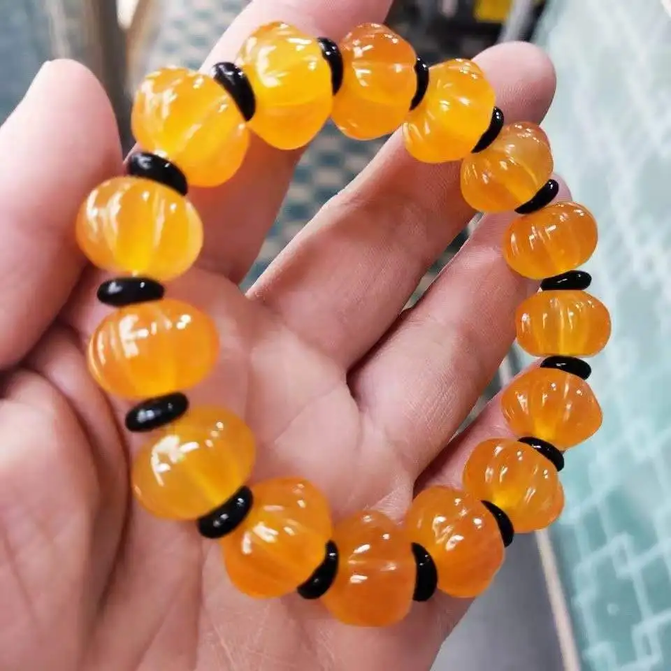Natural Original Ecological Jade Pumpkin Bracelet Hand Polished Beads Elegant Fashion Women Men Jewelry