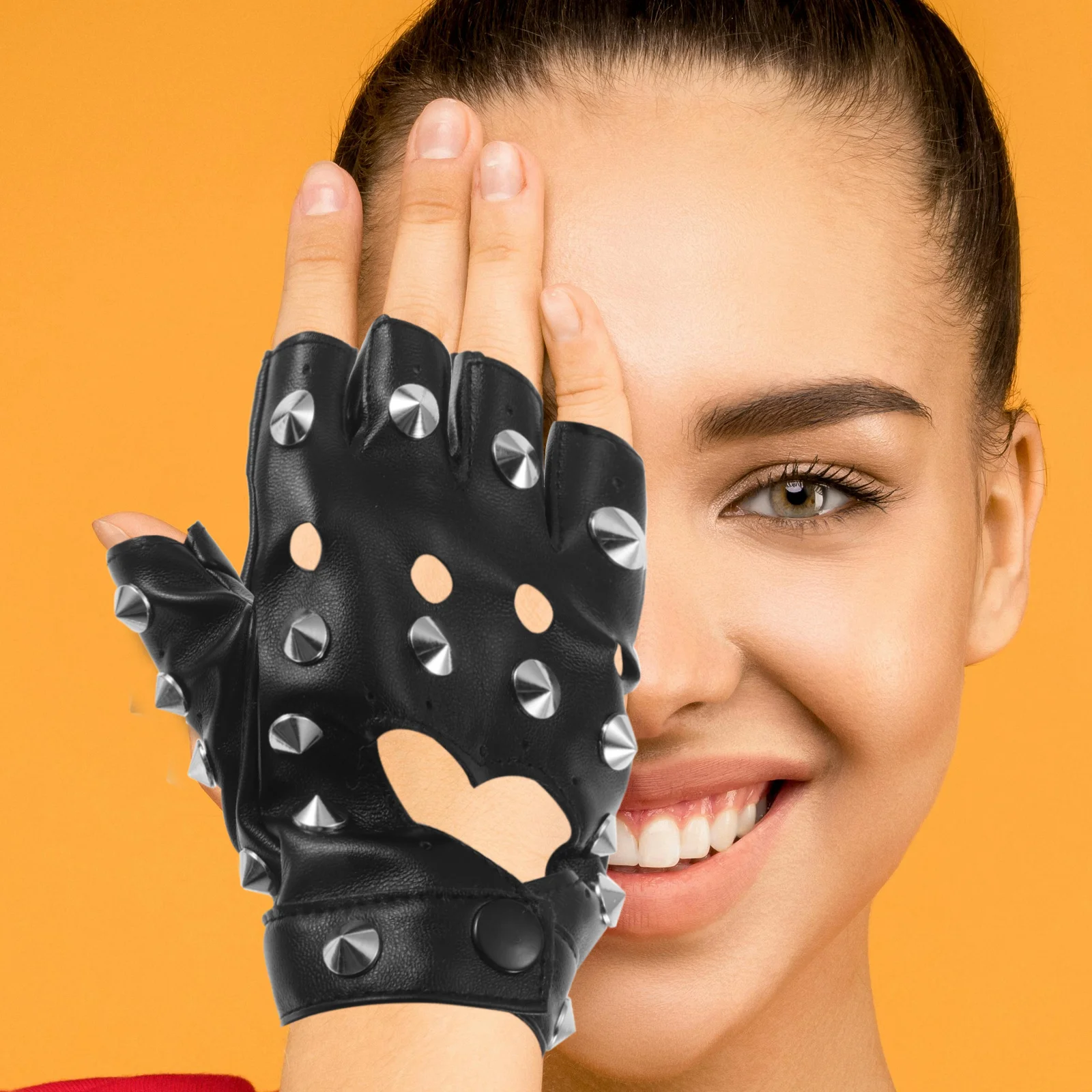 1 ペアハーフフィンガーパンクスタイル手袋 PU スタッズ付き指なしミットハロウィンコスチュームダンスショーファンシーグローブ女性用