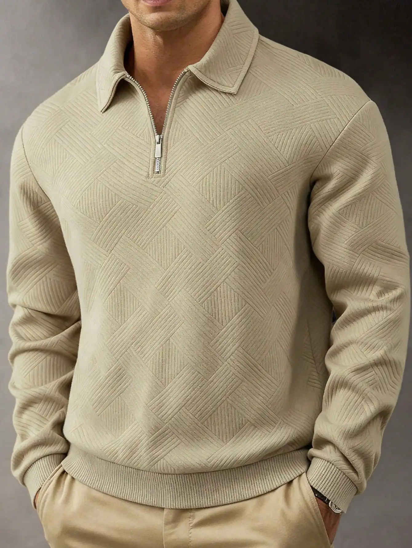

Men's Half-Zip Knit Sweater with Turn-Down Collar, Herringbone Jacquard Pattern, Casual Fit for Spring Autumn