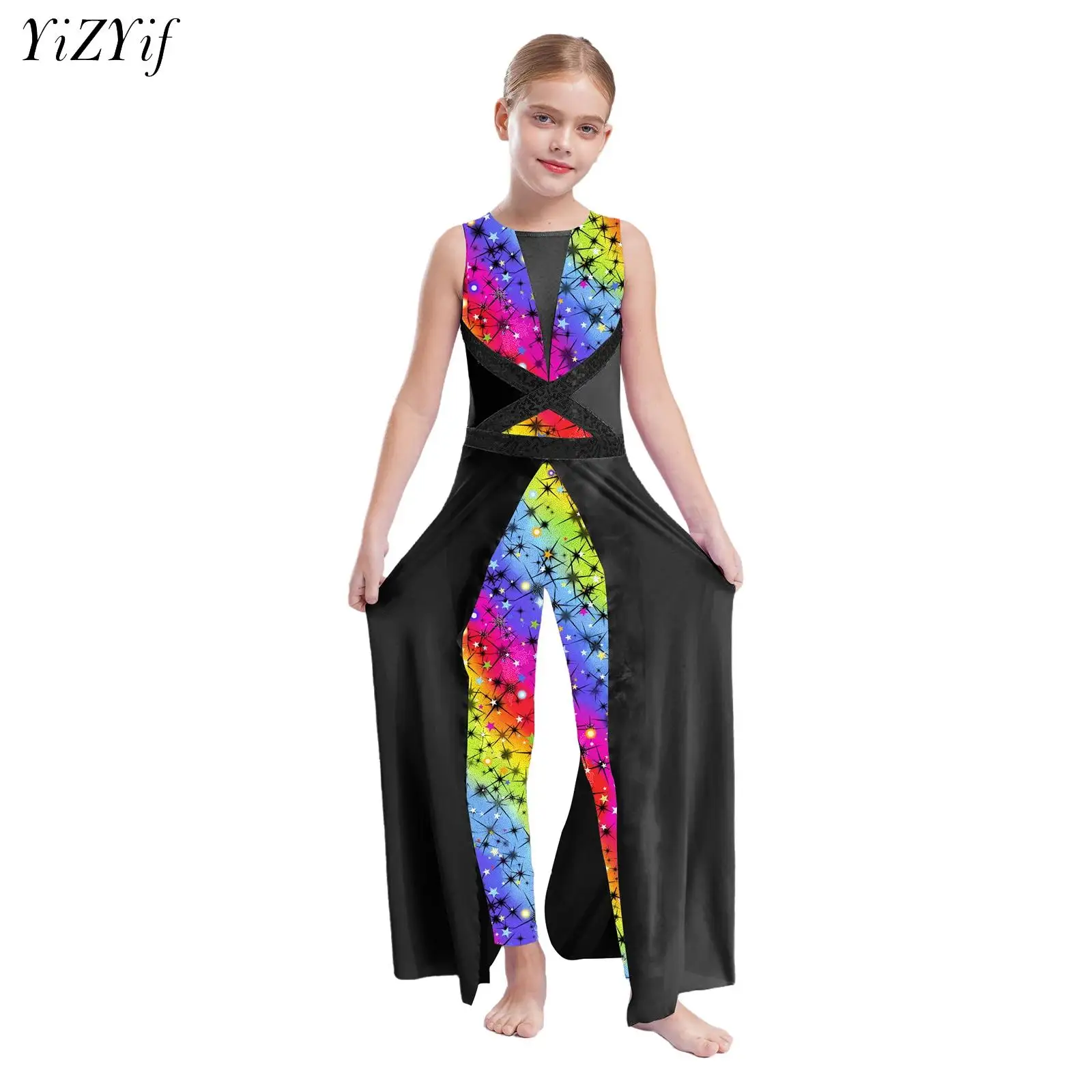 

Kids Ballet Dance Unitard Girl Gymnastics Full Body Leotard Sleeveless Printed Split Skirted Jumpsuit for Lyrical Modern Dancing