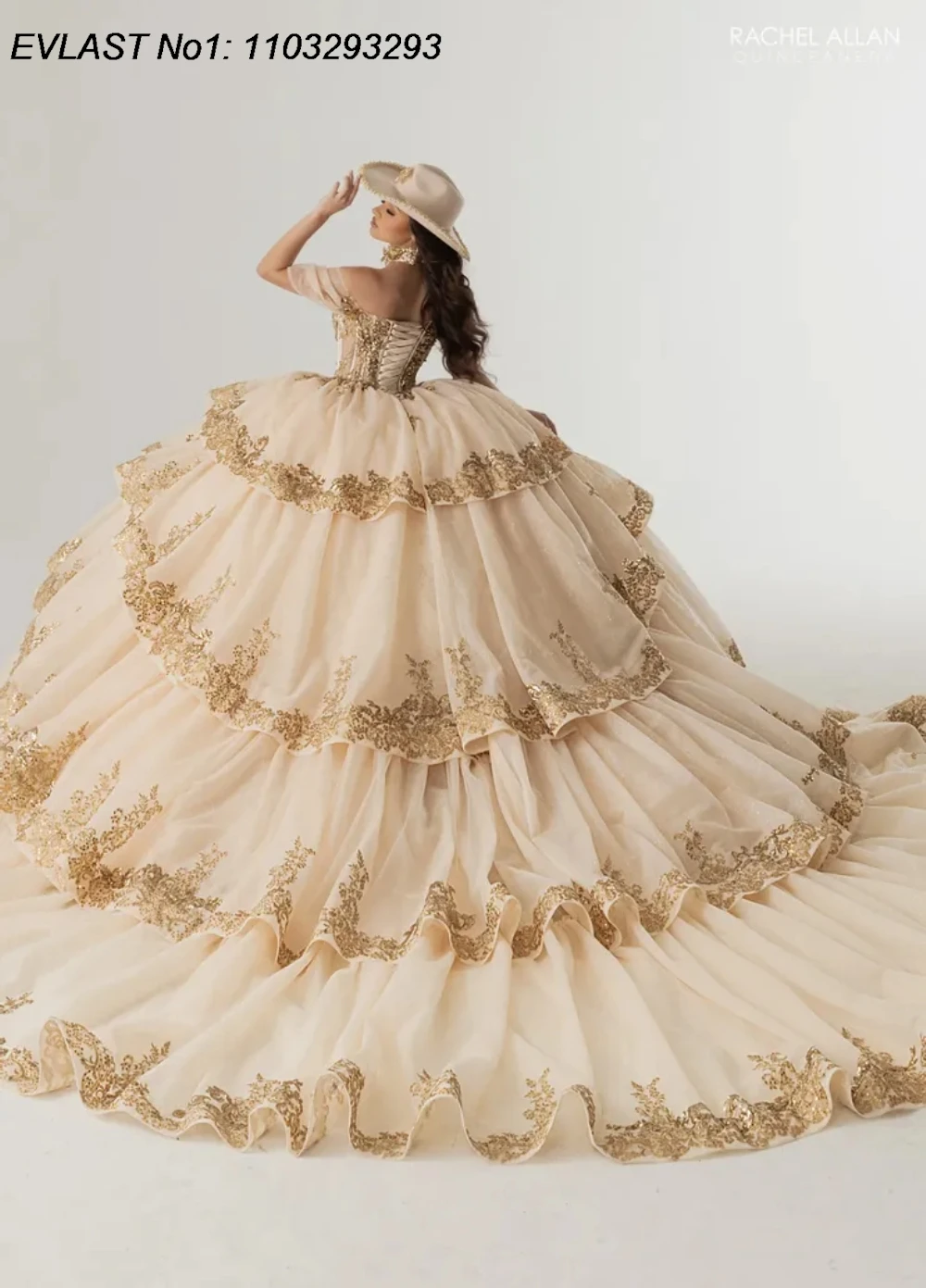 EVLAST Customized Shiny Champagne Quinceanera Dress Ball Gown Gold Applique Beading Ruffles Sweet 16 Vestidos De 15 Anos E1QN764