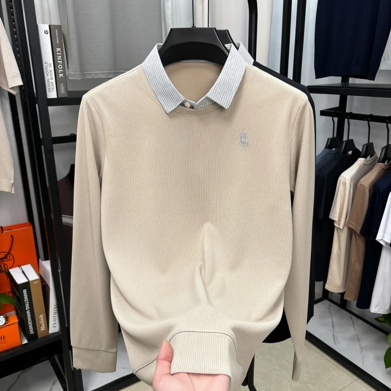 men's luxury autumn winter long sleeves false two-piece stripe lapel embroidery sweater leisure leisure business men's clothing