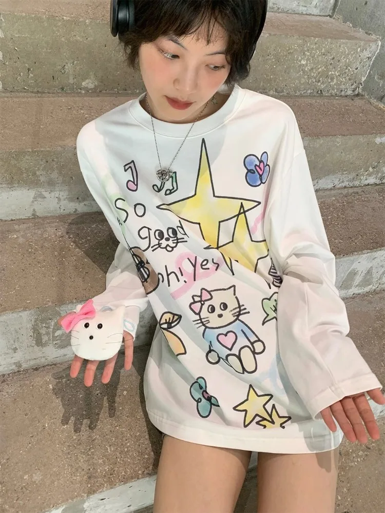 Deeptown Kawaii Cute Oversize White Tshirts Women Y2k Japanese 2000s Style Cartoon Graphic Long Sleeve Tshirts Coquette Tops