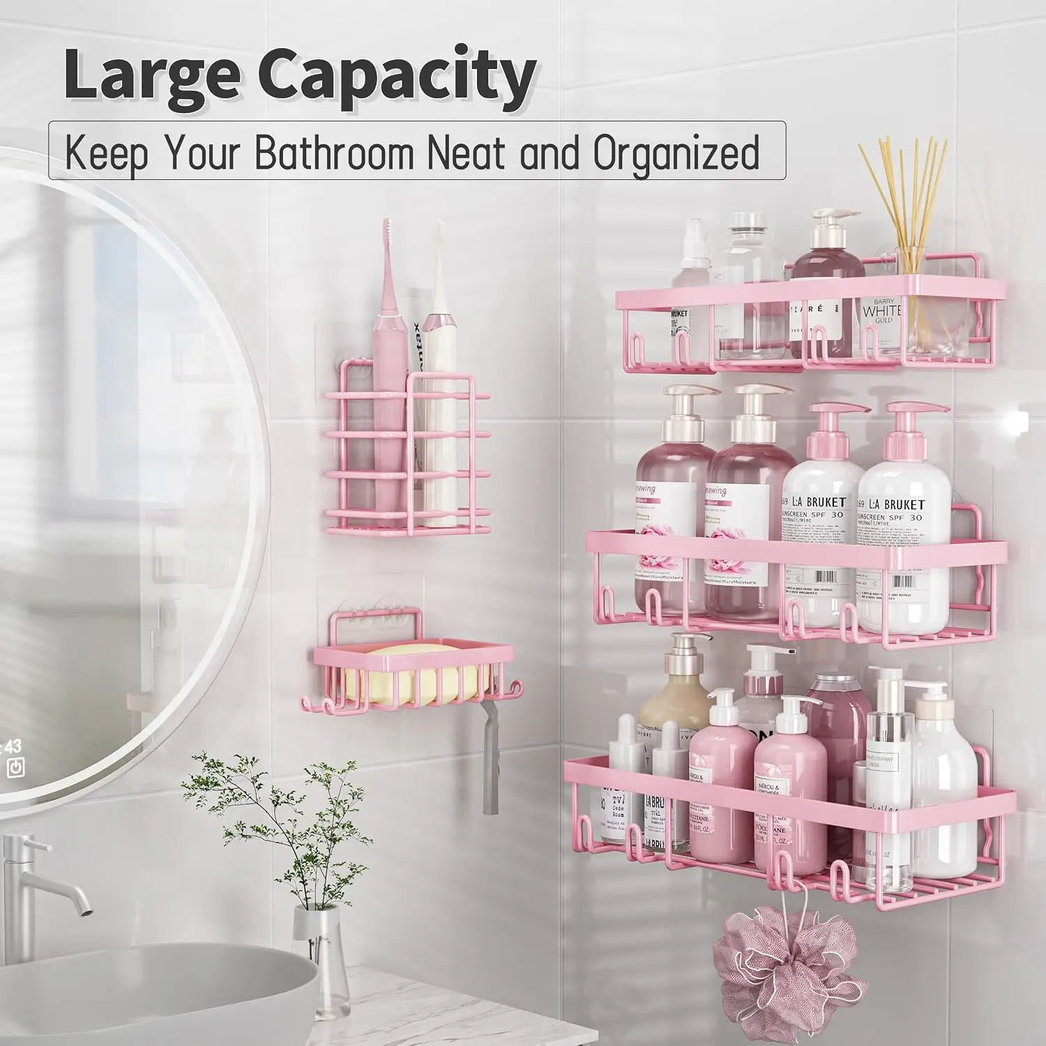 5 Pack Shower Caddy For Inside Shower Pink Bathroom Decor Set Adhesive Organizer Shelves