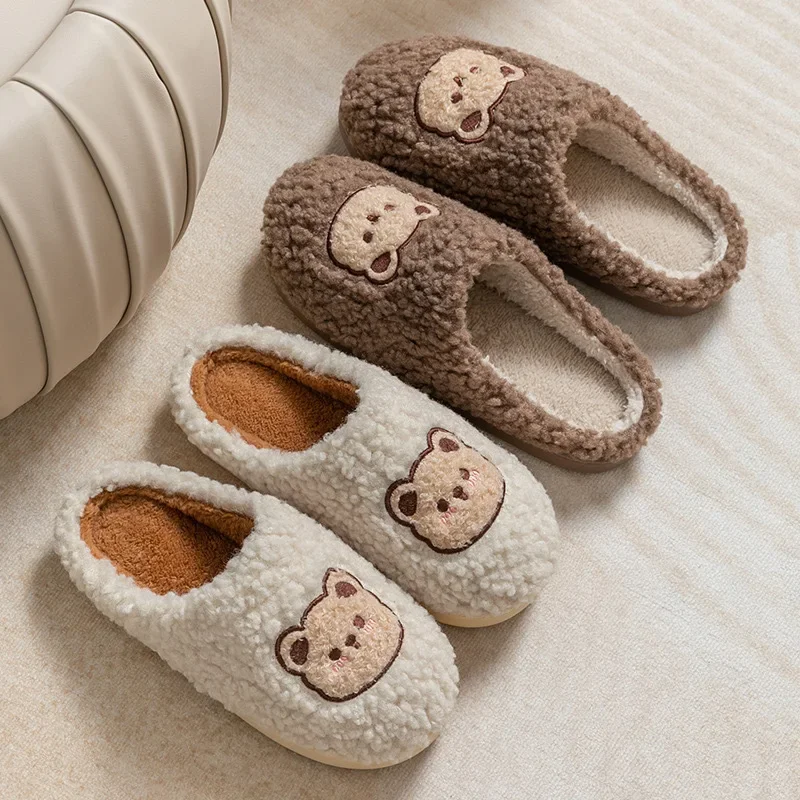 Plush Slippers Cartoon Bear Fur  Winter Warmth Women  Non Slip Household Shoes Indoor Couple Cotton Slippers