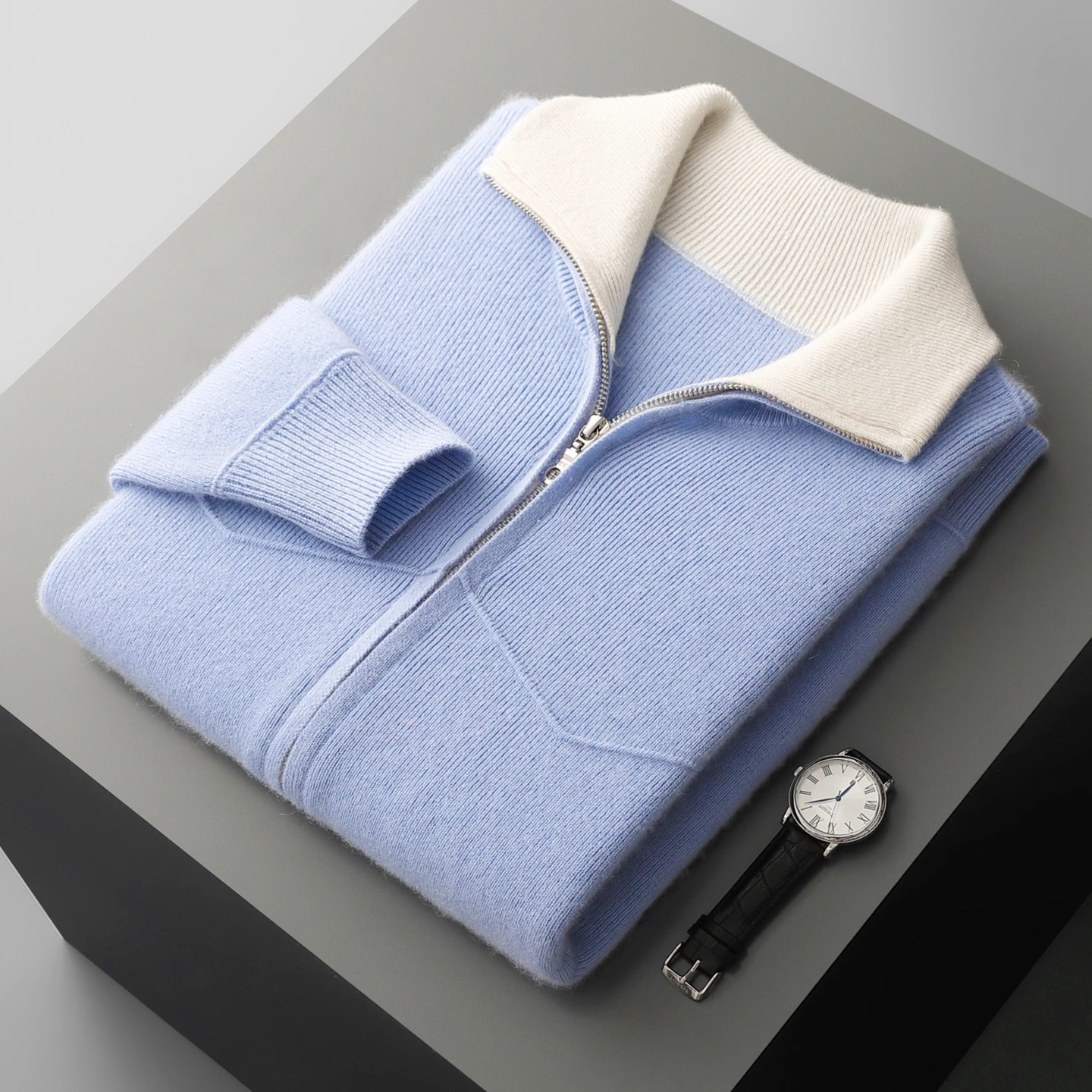 New Men's Thickened 100% Wool Cardigan Zipper Stand Up Collar Sweater Jacket Casual Knitted Sweater Knitted Wool Sweater Winters