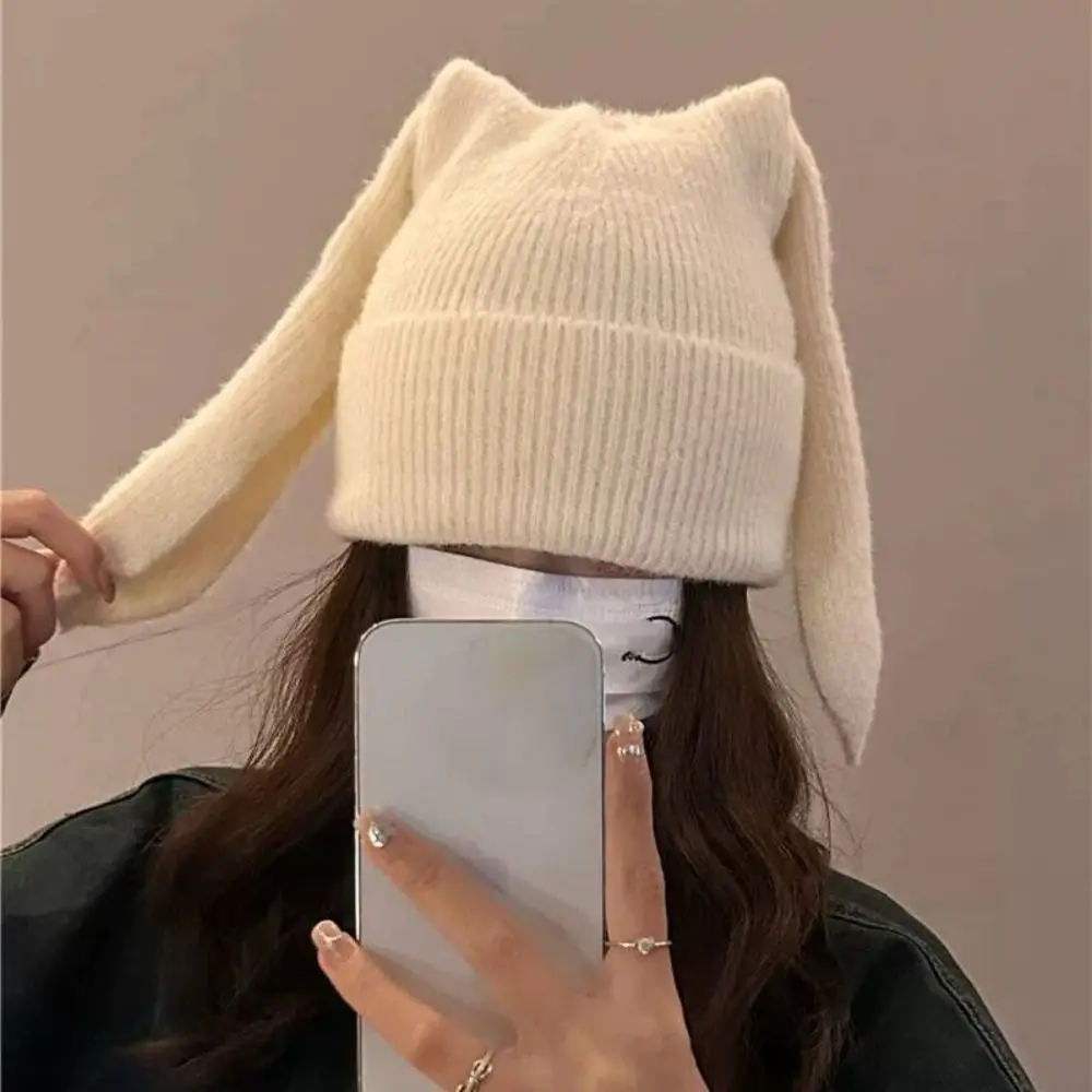 Słodkie długie uszy królika czapka z nausznikami miękka imitacja norek czapki czapki zimowe ciepłe wiatroszczelne pulowerowe kapelusze damskie