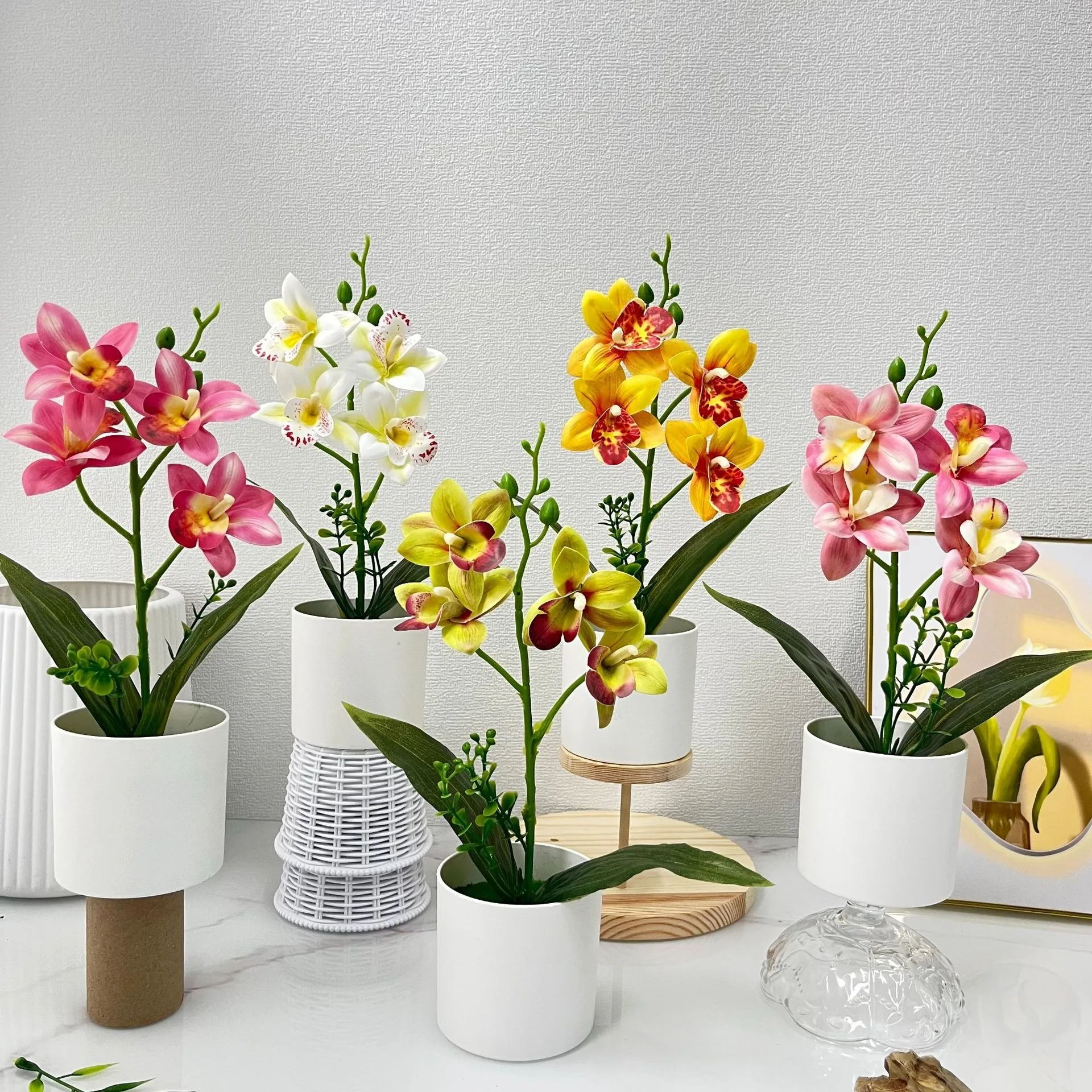 4 plantas en macetas de orquídeas simuladas, decoración de sala de estudio, decoración de sala de estar, bonsái de flores artificiales de plástico, dormitorio de hotel
