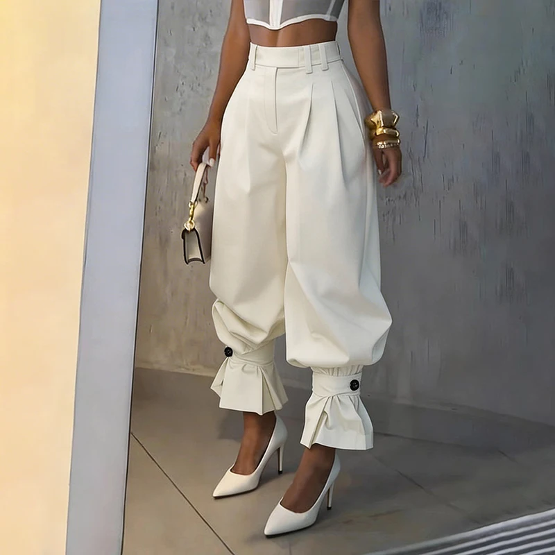 BKLD Office Lady Vintage Chic High Waist Loose Solid Pockets Pleated Wide Legs Lantern Pants Long Bloomers For Party Club Outfit