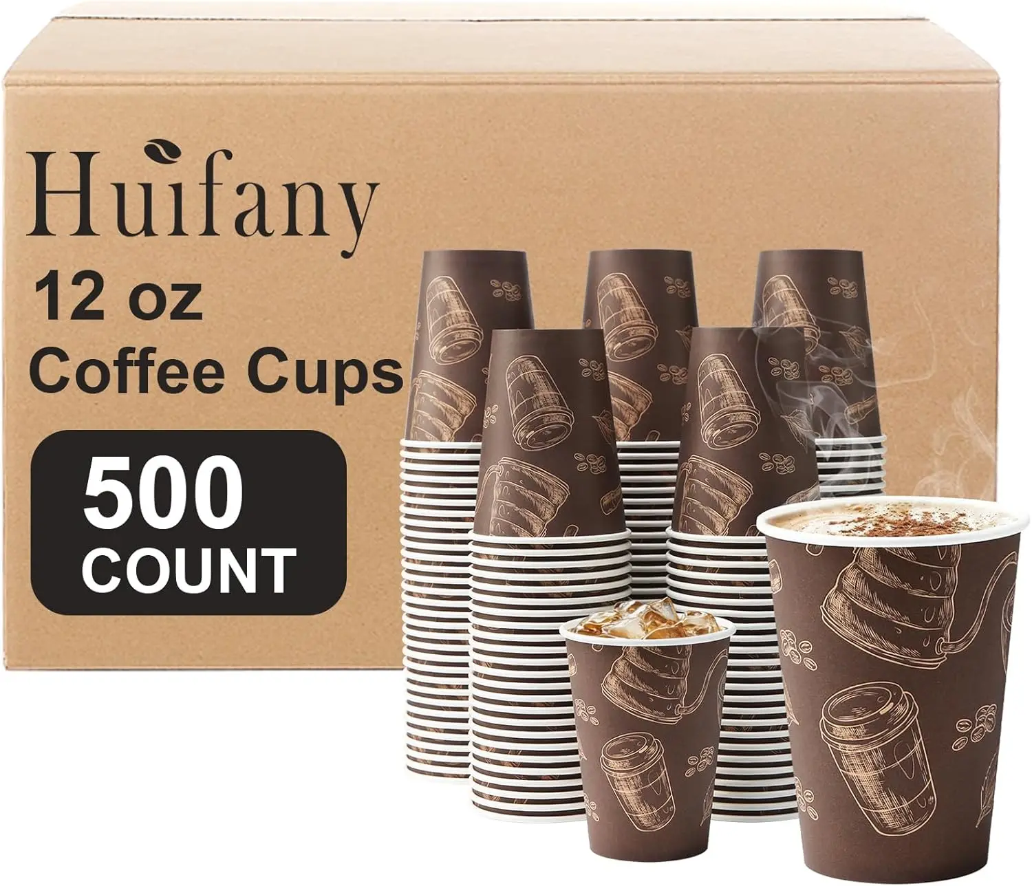 

500 Pack 12 oz Disposable Coffee Cups, Thickened Paper Cups for Hot/Cold Drinks, Leak-Proof Bulk Cups for Office, Home, Events