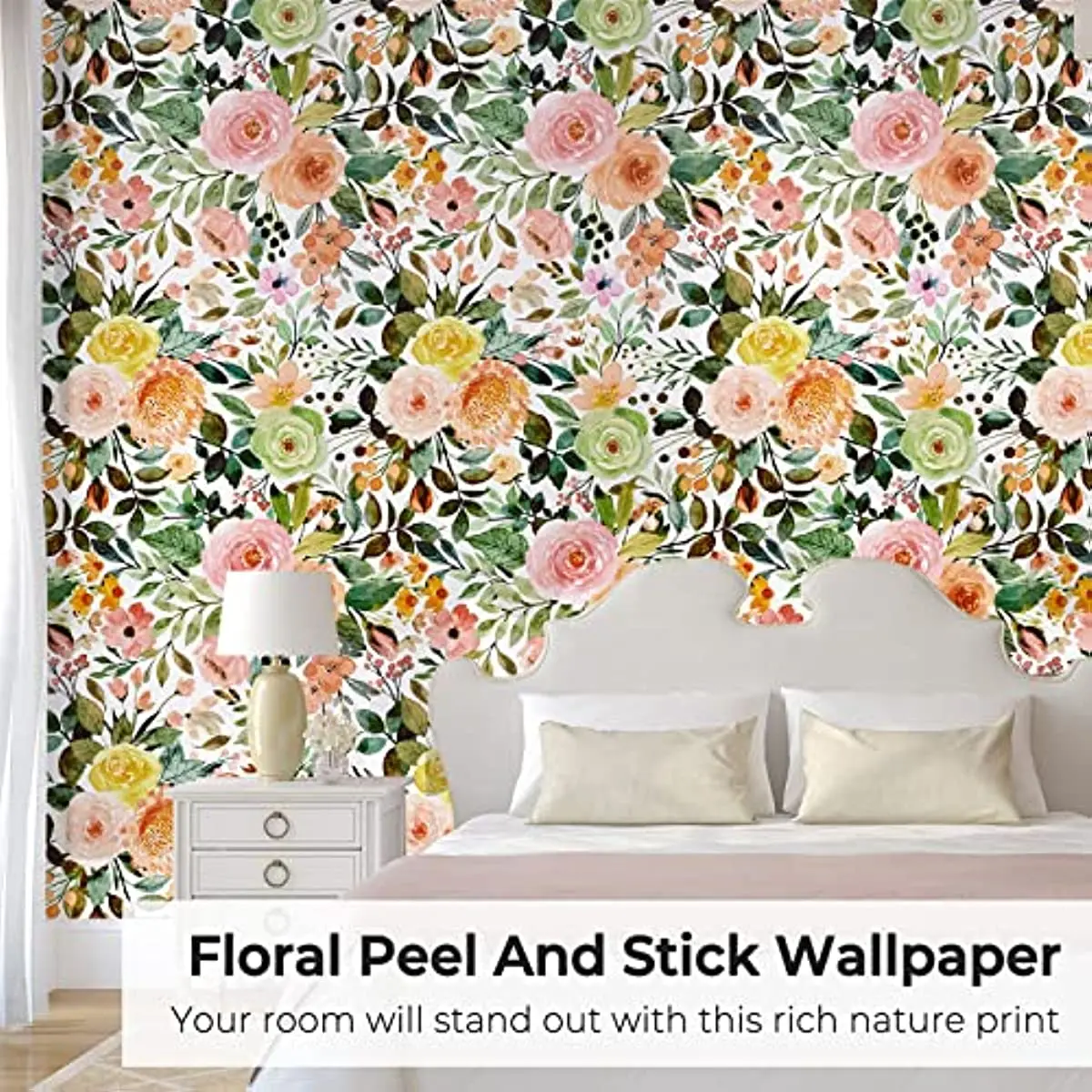 Floral Boho Peel and Stick Wallpaper Vintage Removable Wallpaper Pink Watercolor Peonies Self Adhesive Wallpaper for Bedroom