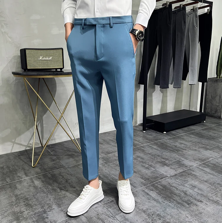 2024 Summer Fashion Mens Dark Green Suit Pants Pure Color Business Occupation Slim Fit Dress Office Ankle Trousers